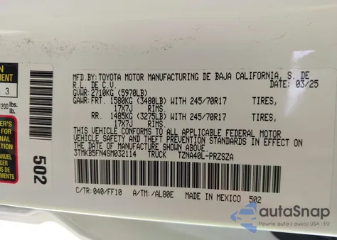 2025 Toyota Tacoma Sr5 from USA, damaged, VIN 3TMKB5FN4SM032114
